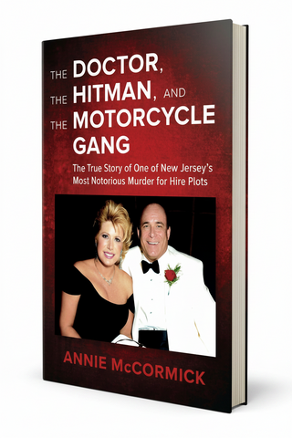 Book titled 'Doctor, the Hitman, and the Motorcycle Gang' by Annie McCormick on a wooden surface.